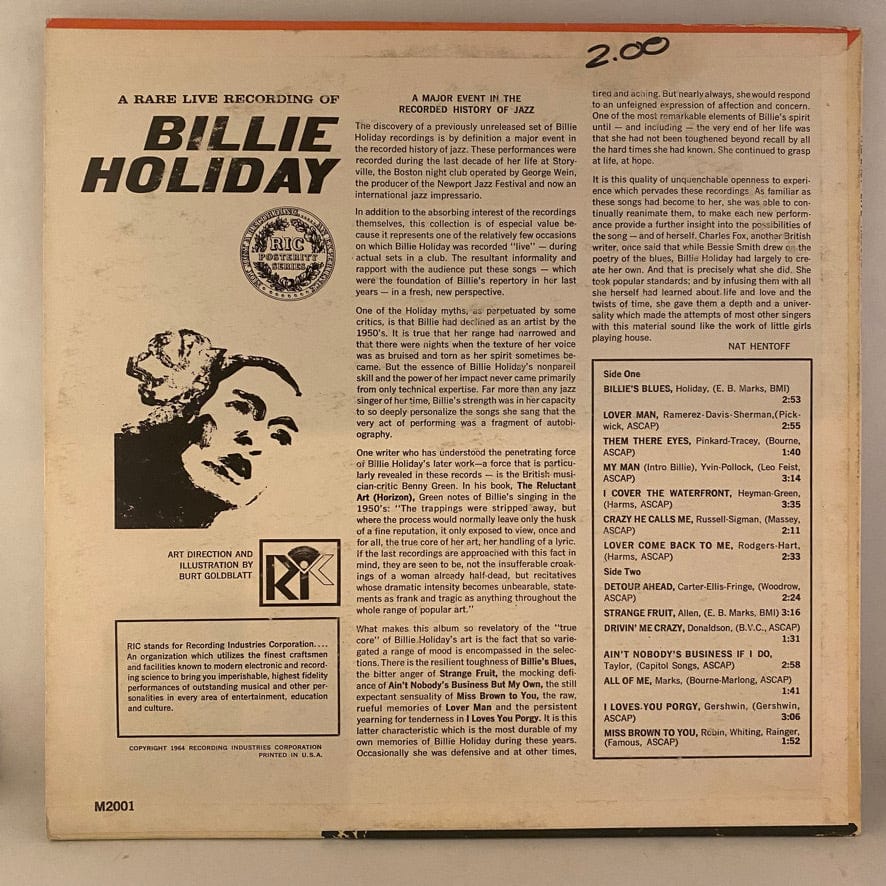 Billie Holiday – A Rare Live Recording Of Billie Holiday LP USED NM/VG+ 1964 Pressing - Image 2