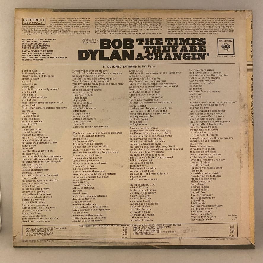 Bob Dylan – The Times They Are A-Changin' LP USED NM/VG+ 1971 Pressing - Image 2
