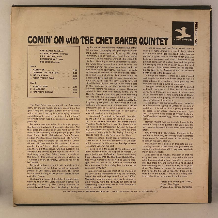 Chet Baker Quintet – Comin' On With The Chet Baker Quintet LP USED NM/VG+ - Image 2
