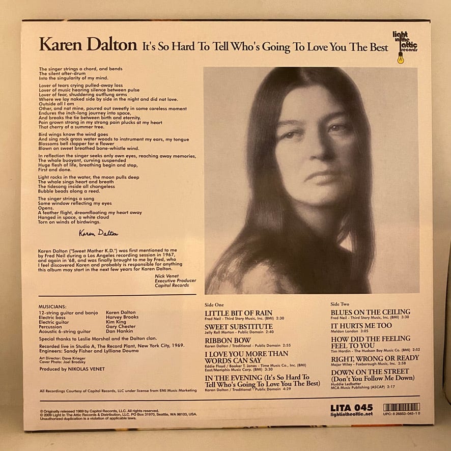 Karen Dalton – It's So Hard To Tell Who's Going To Love You The Best LP USED VG++/VG+ 2009 LITA Pressing - Image 2