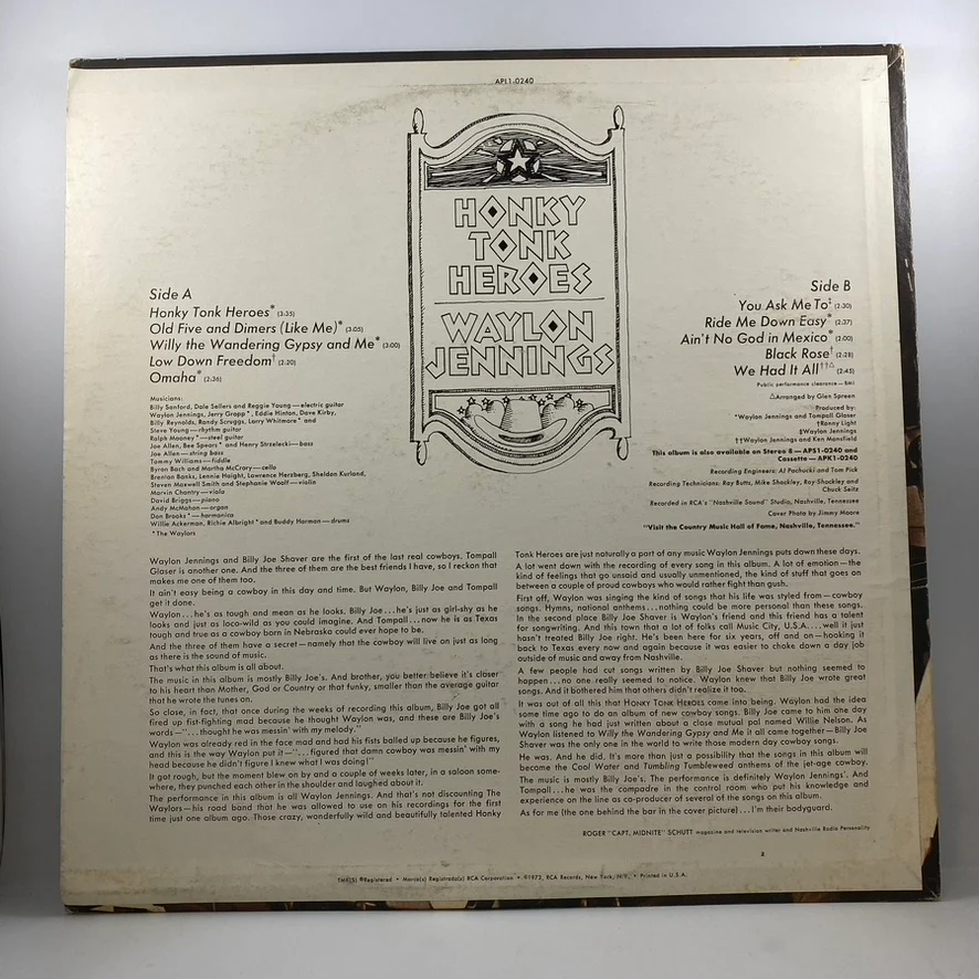 Waylon Jennings – Honky Tonk Heroes LP USED Vinyl VG+/VG - Image 2