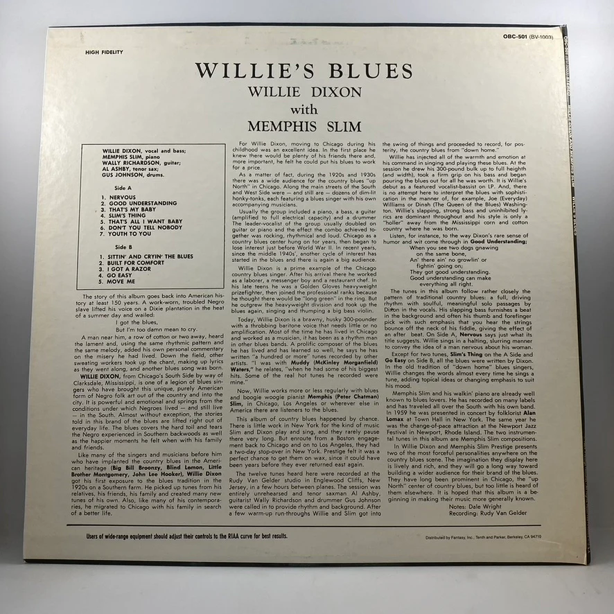 Willie Dixon With Memphis Slim – Willie's Blues LP USED Vinyl VG++/VG+ - Image 2